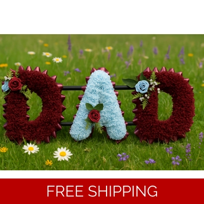 DAD Funeral Flower Tribute – Artificial Letter Arrangement in burgundy and blue